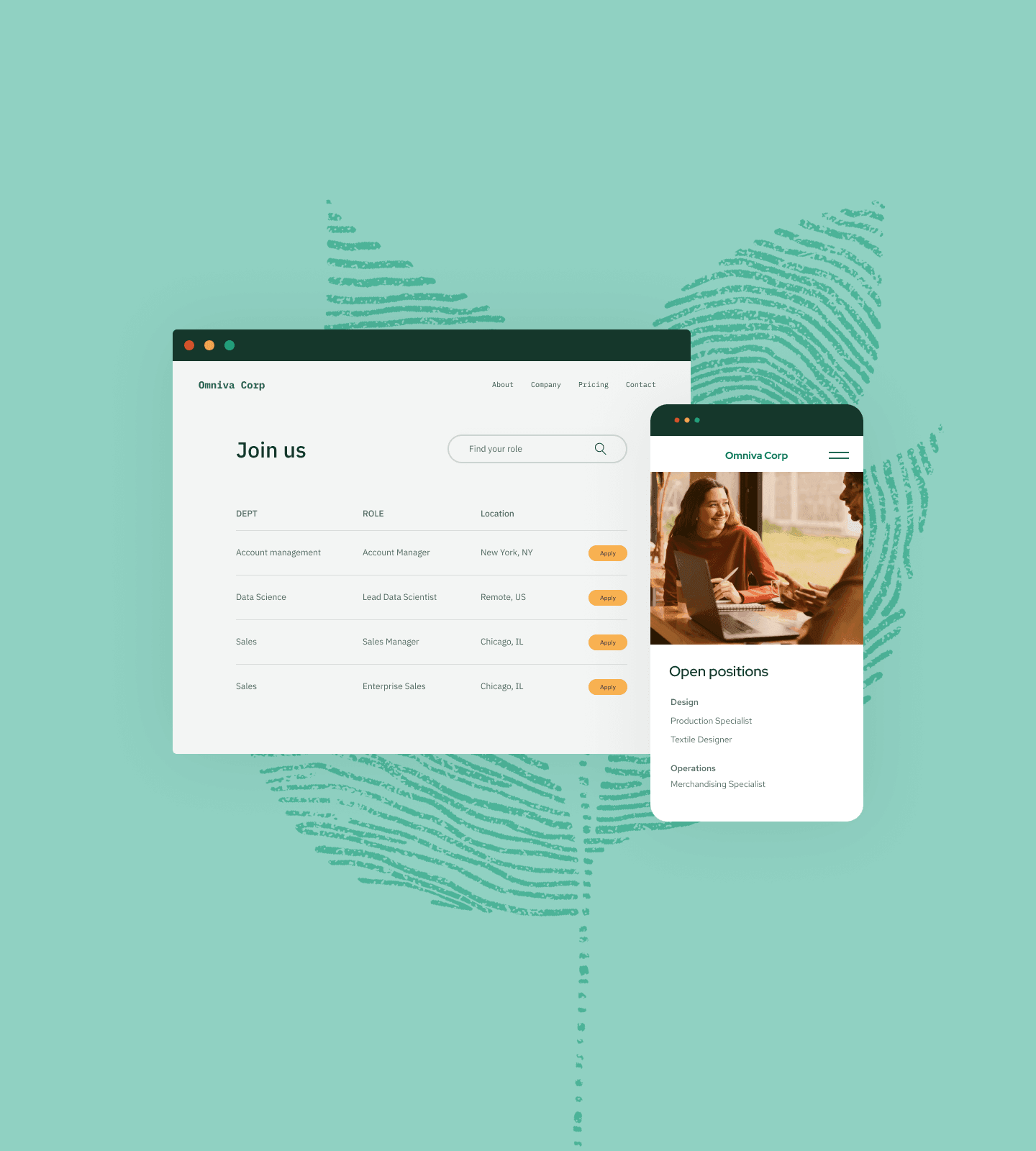 Collage of company job board page on desktop and mobile with fingerprint leaf