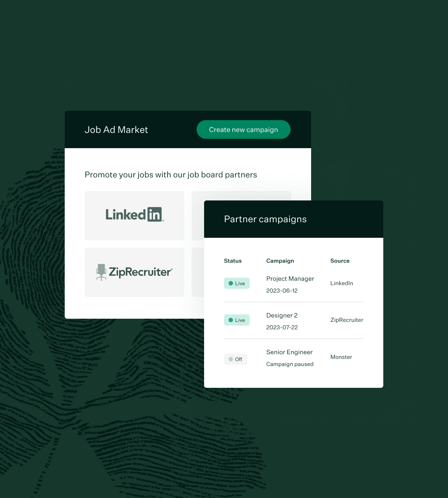 Collage of Job ad market UI and Partner Campaign UI with fingerprint leaf