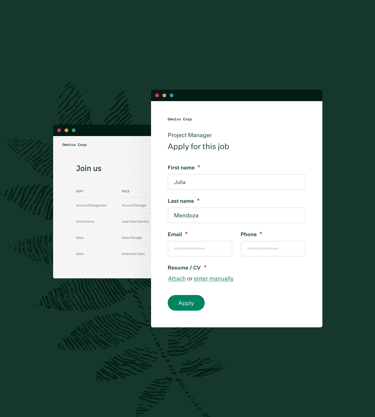 Collage of job application ui and company job board ui with evergreen color fingerprint leaf