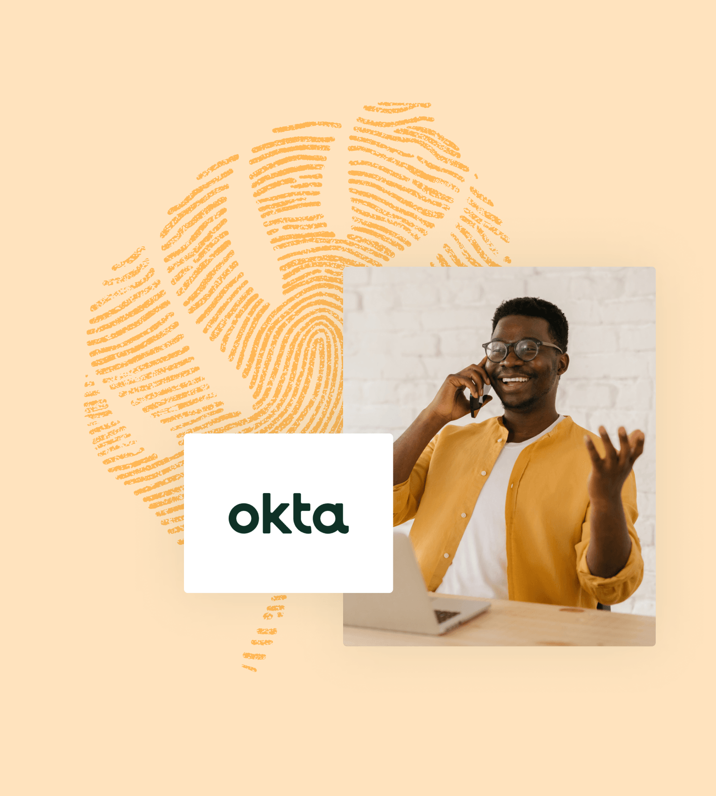 Collage of OKTA logo with man on cell phone talking and marigold fingerprint leaf