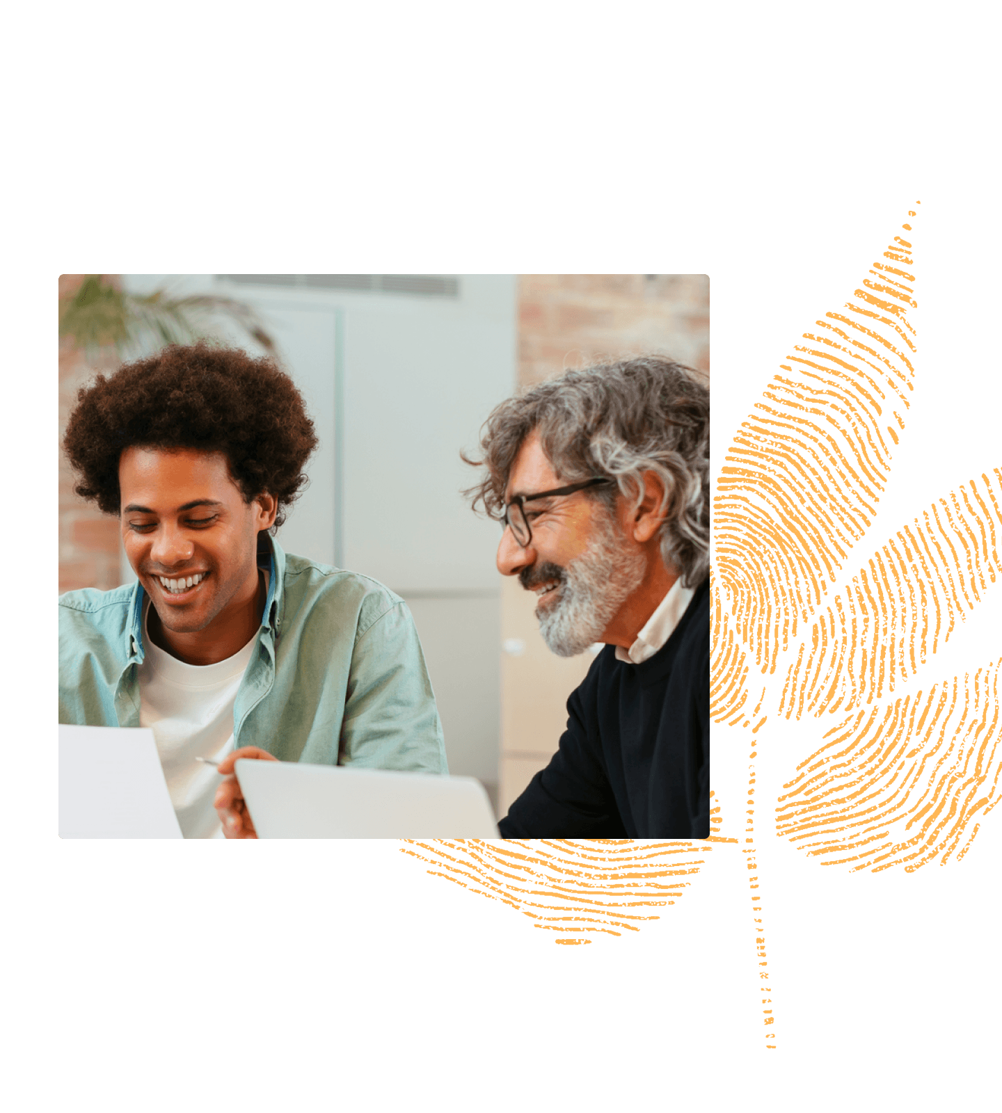Collage of two coworkers at a desk and marigold fingerprint illustration