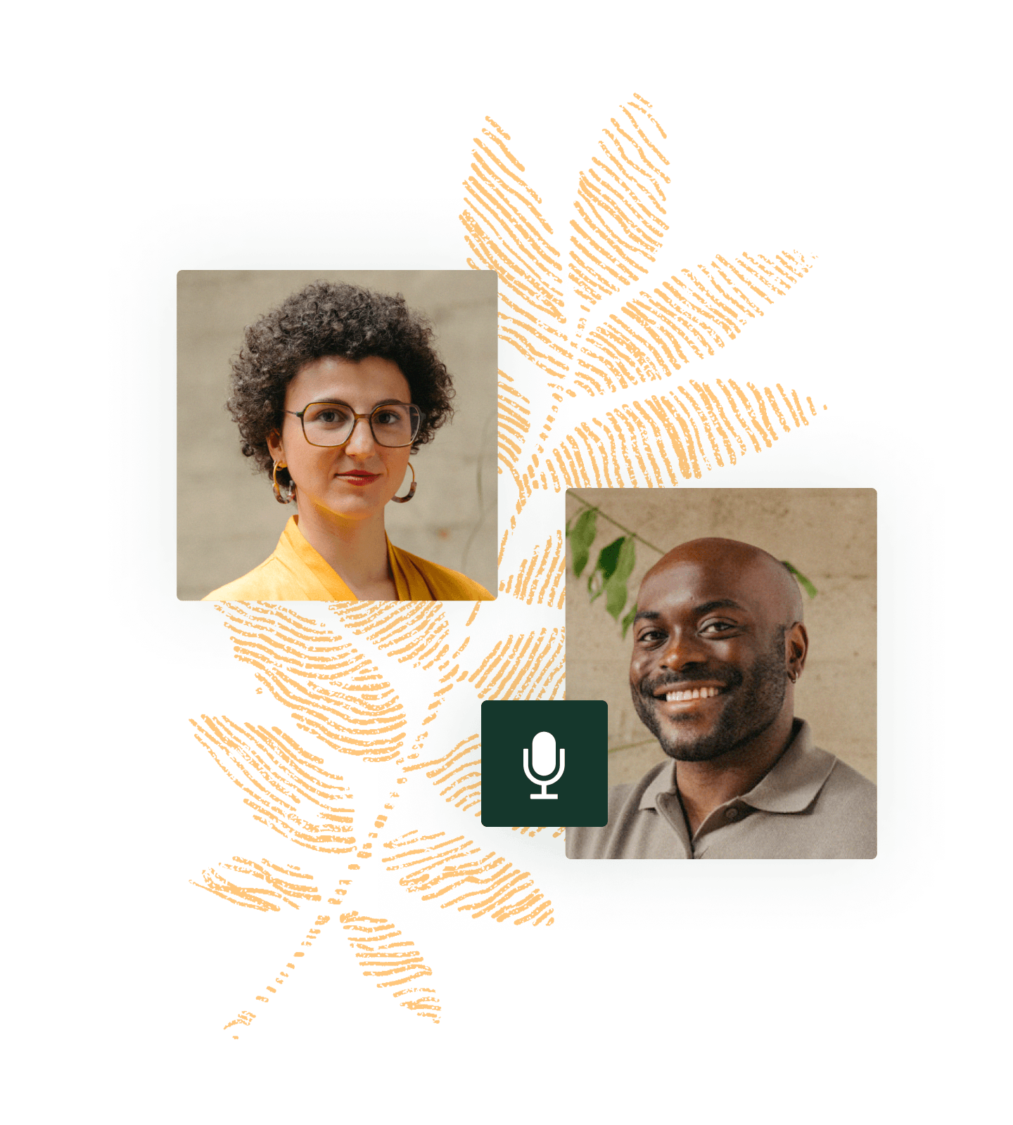 Collage of two coworkers with microphone icon and marigold fingerprint leaf