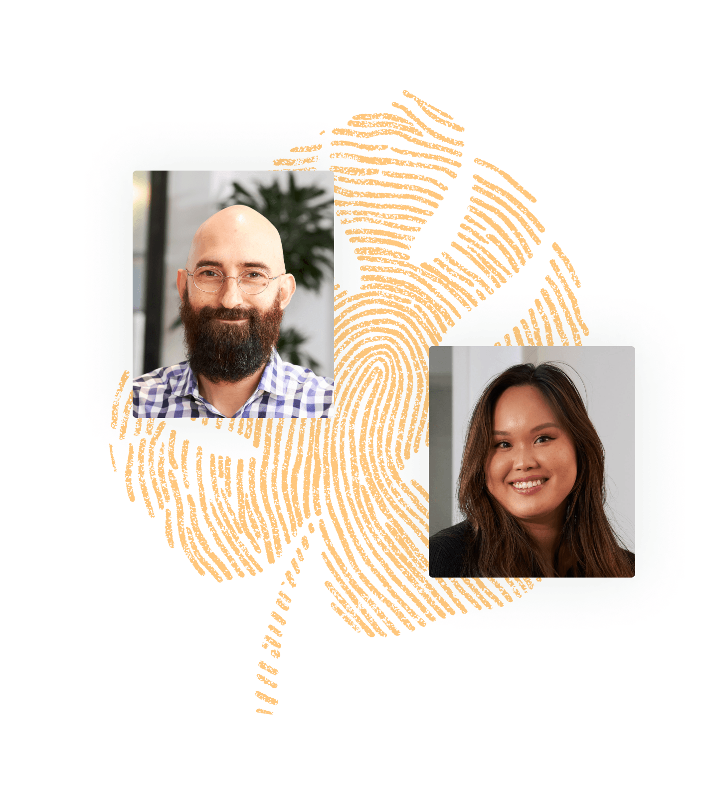 Collage of two Greenhouse employees with marigold fingerprint leaf illustration