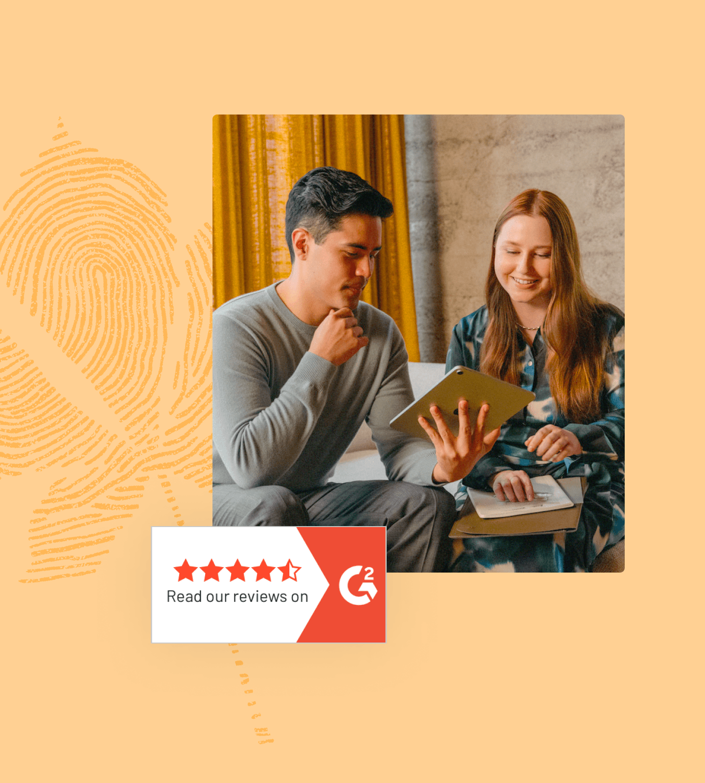 G2 ratings badge marigold fingerprint leaf and two coworkers reviewing content on a tablet