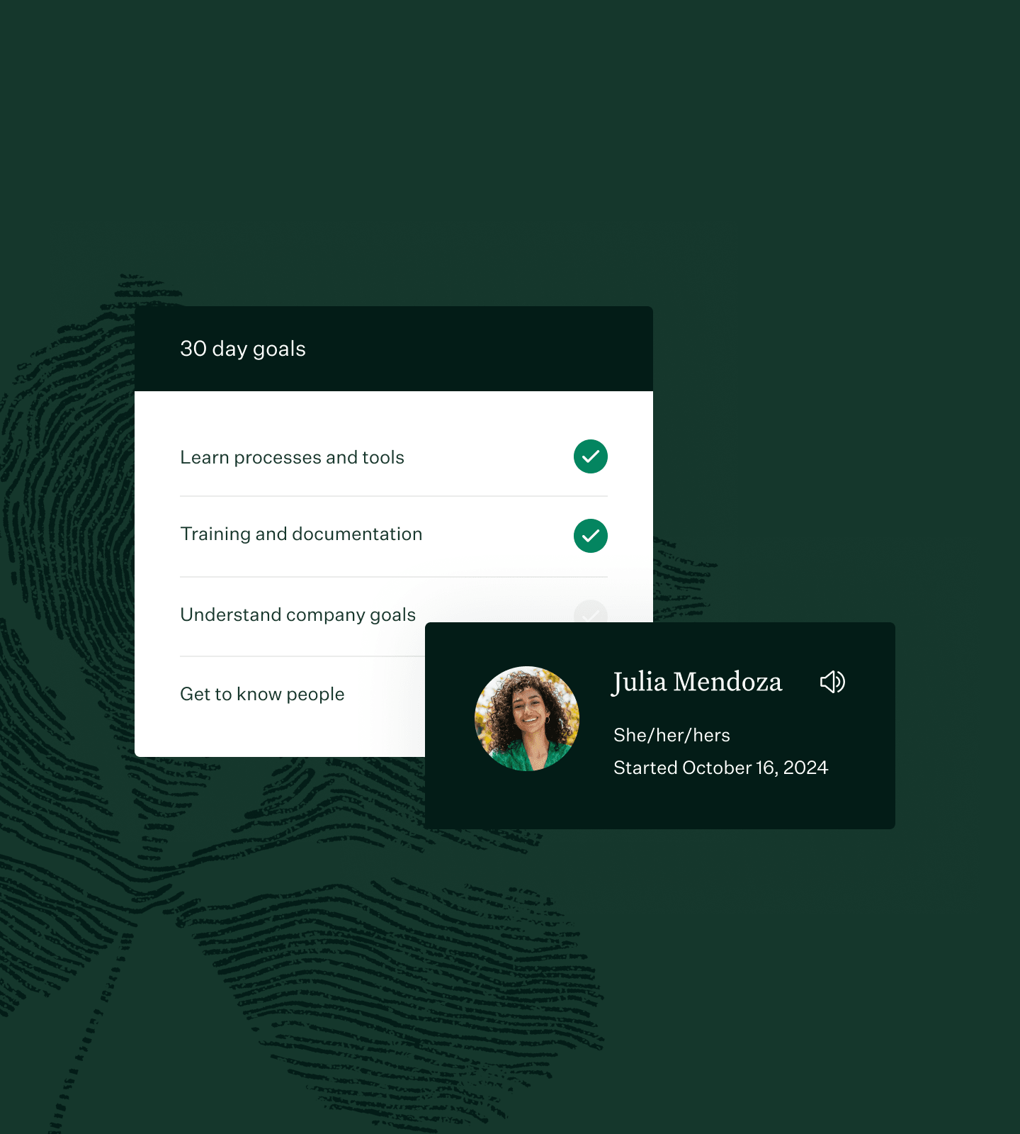 Greenhouse 30 day onboarding goals UI and green fingerprint leaf illustration collage