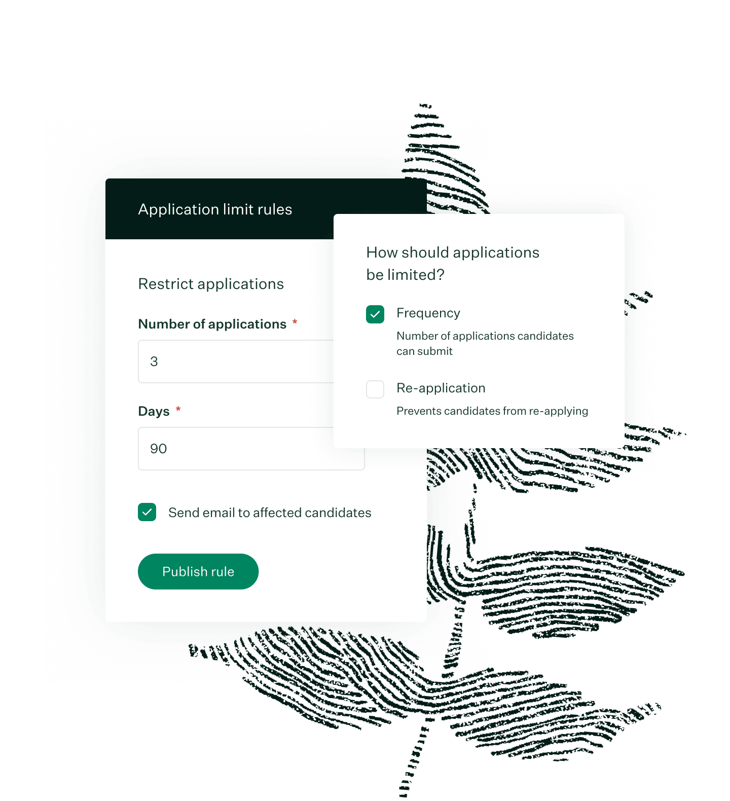 Greenhouse application limit rules product illustration with evergreen fingerprint leaf