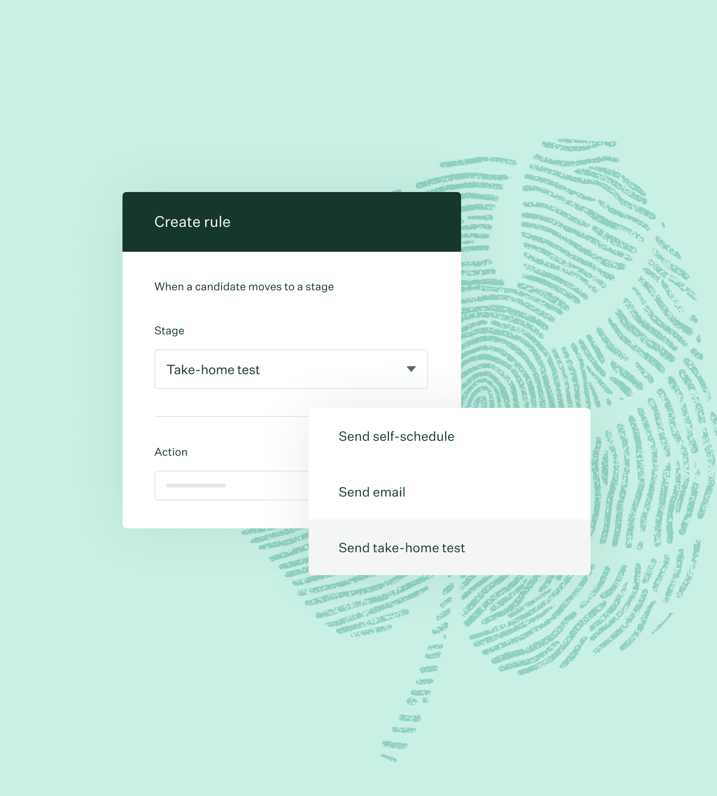 Greenhouse automated email send rules UI with green fingerprint leaf illustration collage
