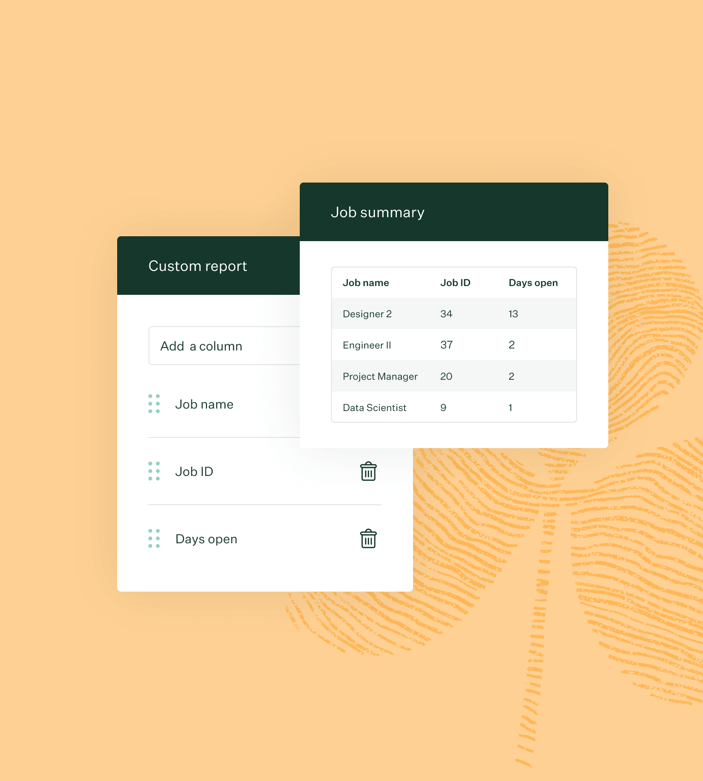 Greenhouse custom report builder UI and marigold fingerprint leaf illustration collage new