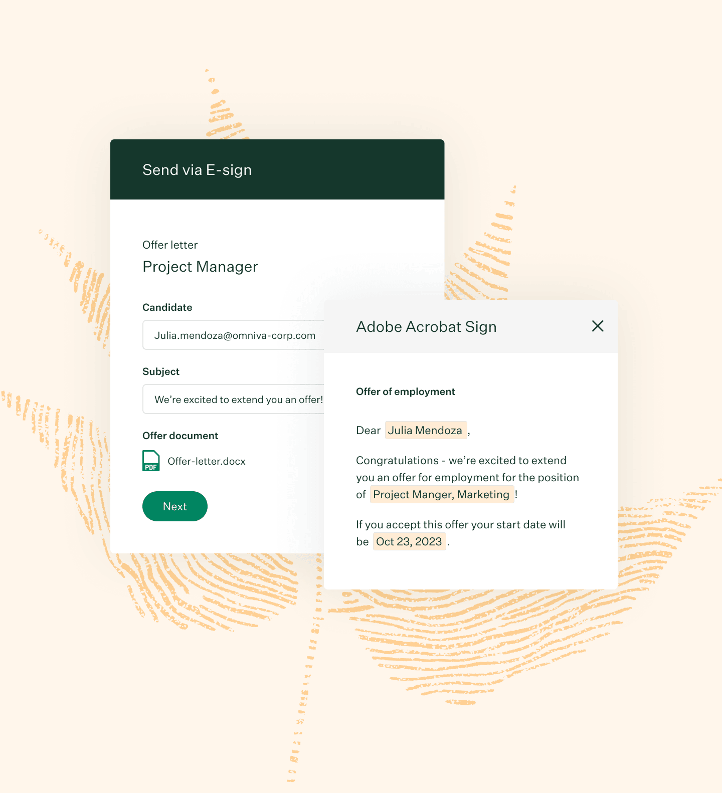 Greenhouse e signature with Adobe Acrobat Sign UI marigold fingerprint leaf