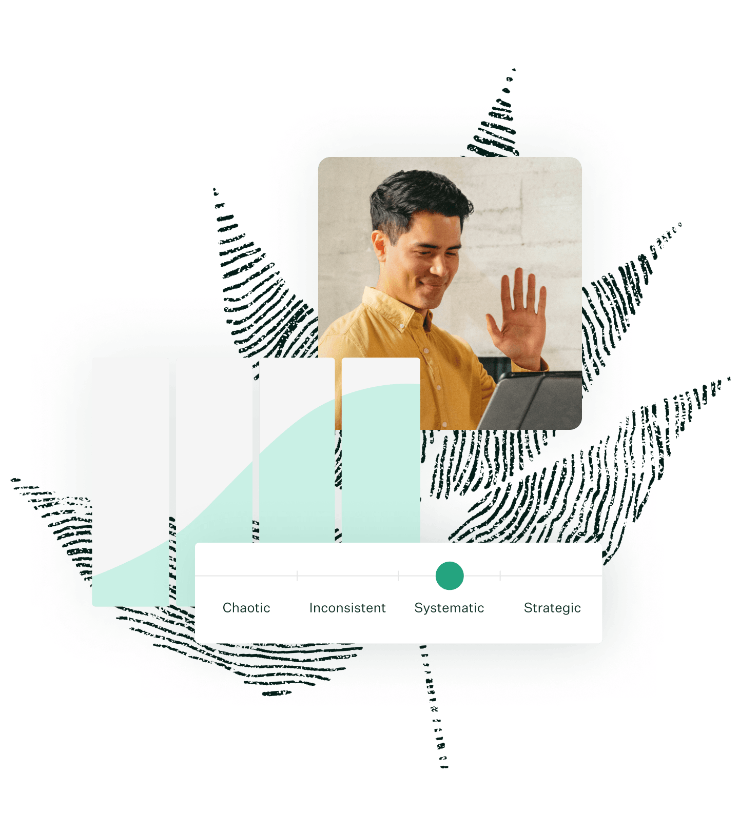Greenhouse Hiring Maturity curve UI and man in yellow sweater waving at a tablet with evergreen fingerprint leaf illustration