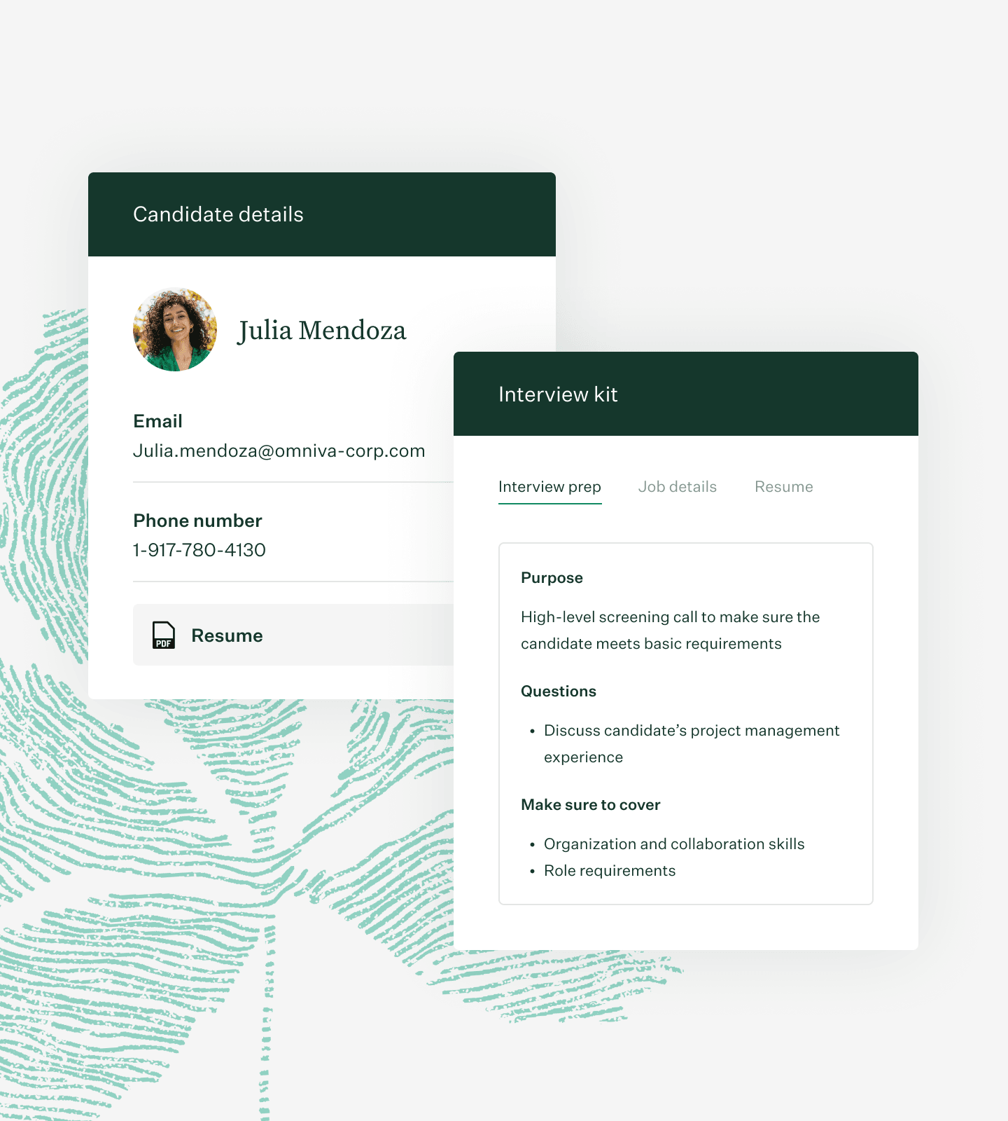 Greenhouse interview kit and candidate details UI green fingerprint leaf illustration collage new