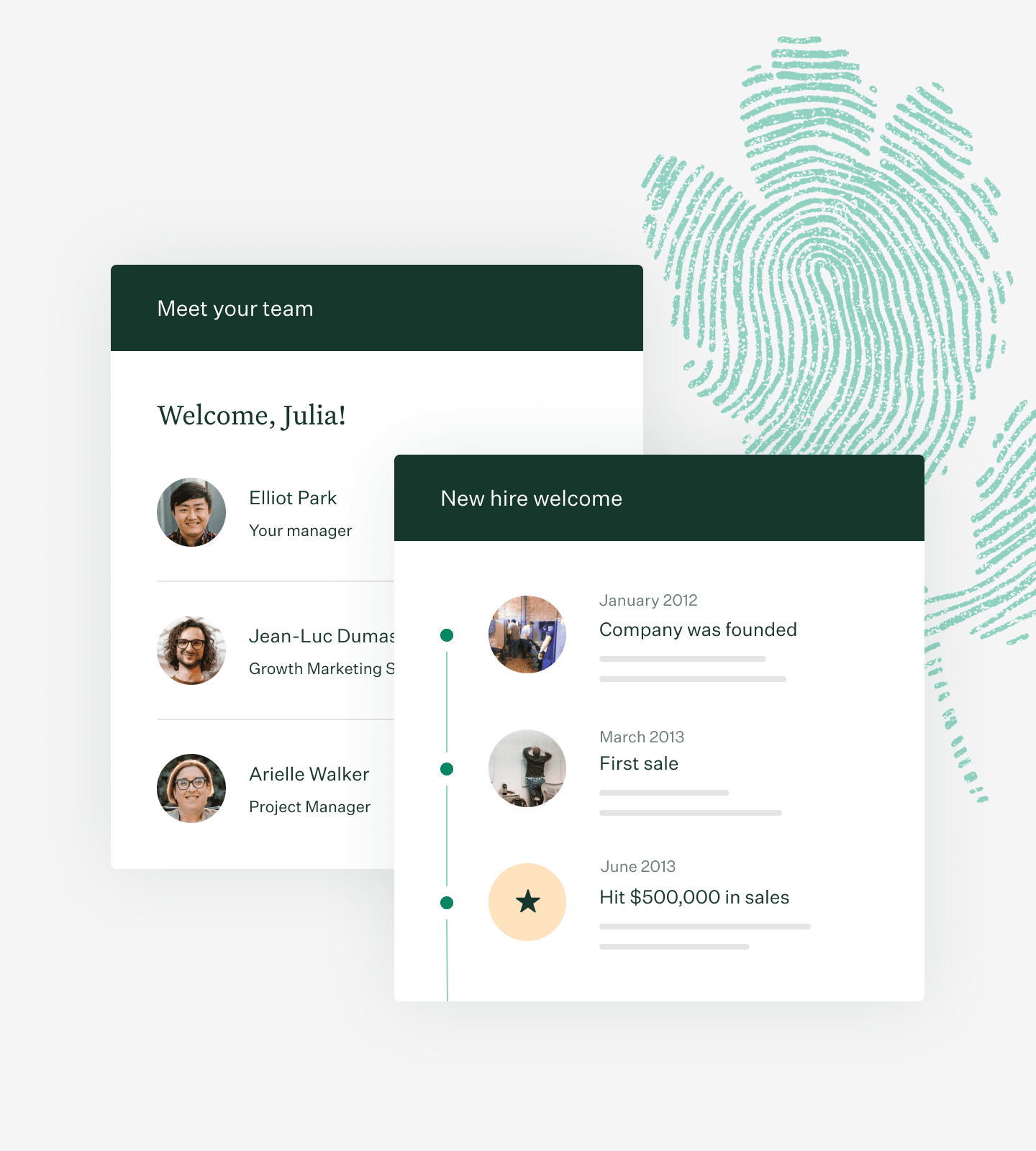 Greenhouse onboarding new hire welcome UI and green fingerprint leaf illustration collage