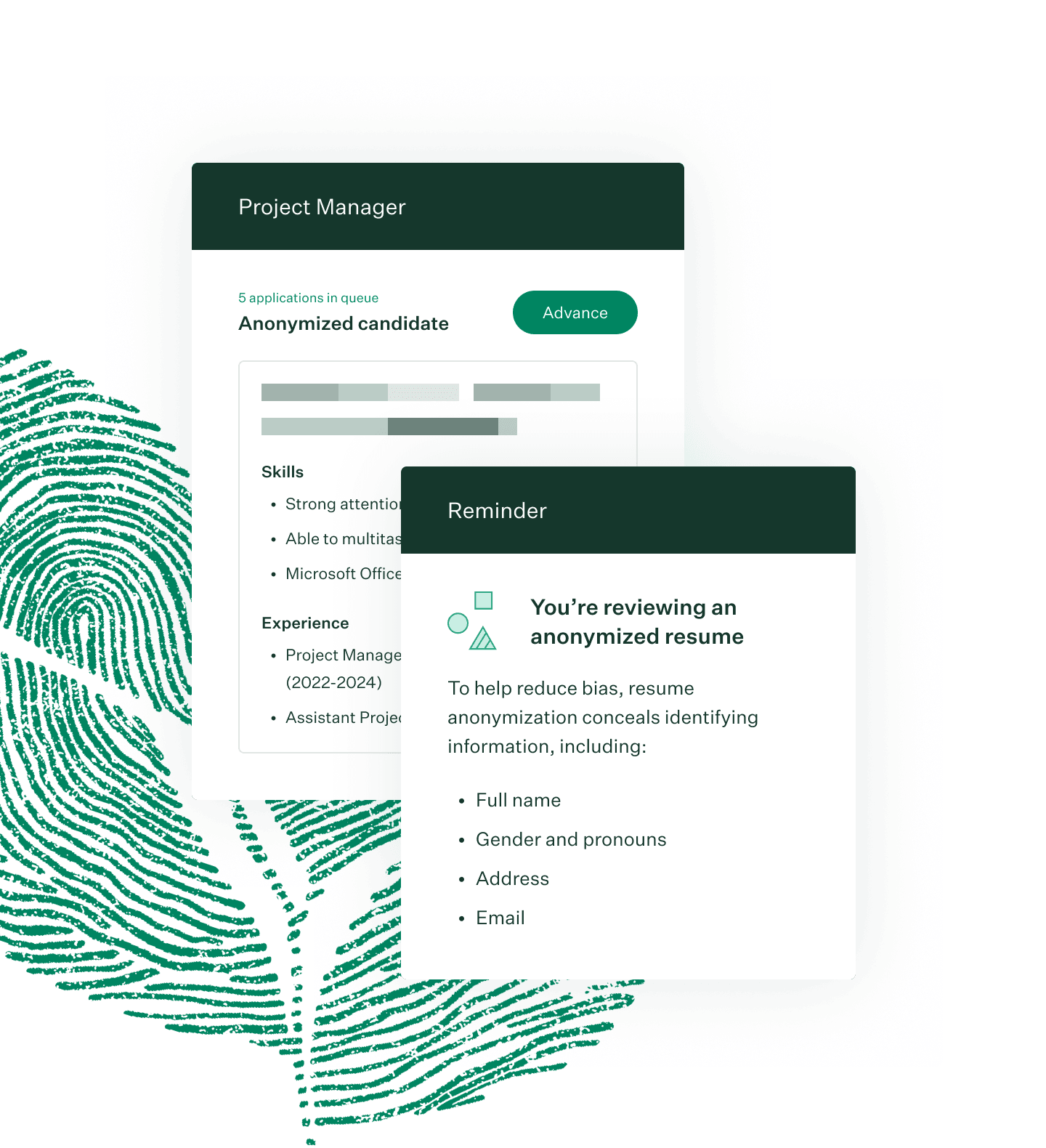 Greenhouse resume anonymization product illustration with green fingerprint leaf