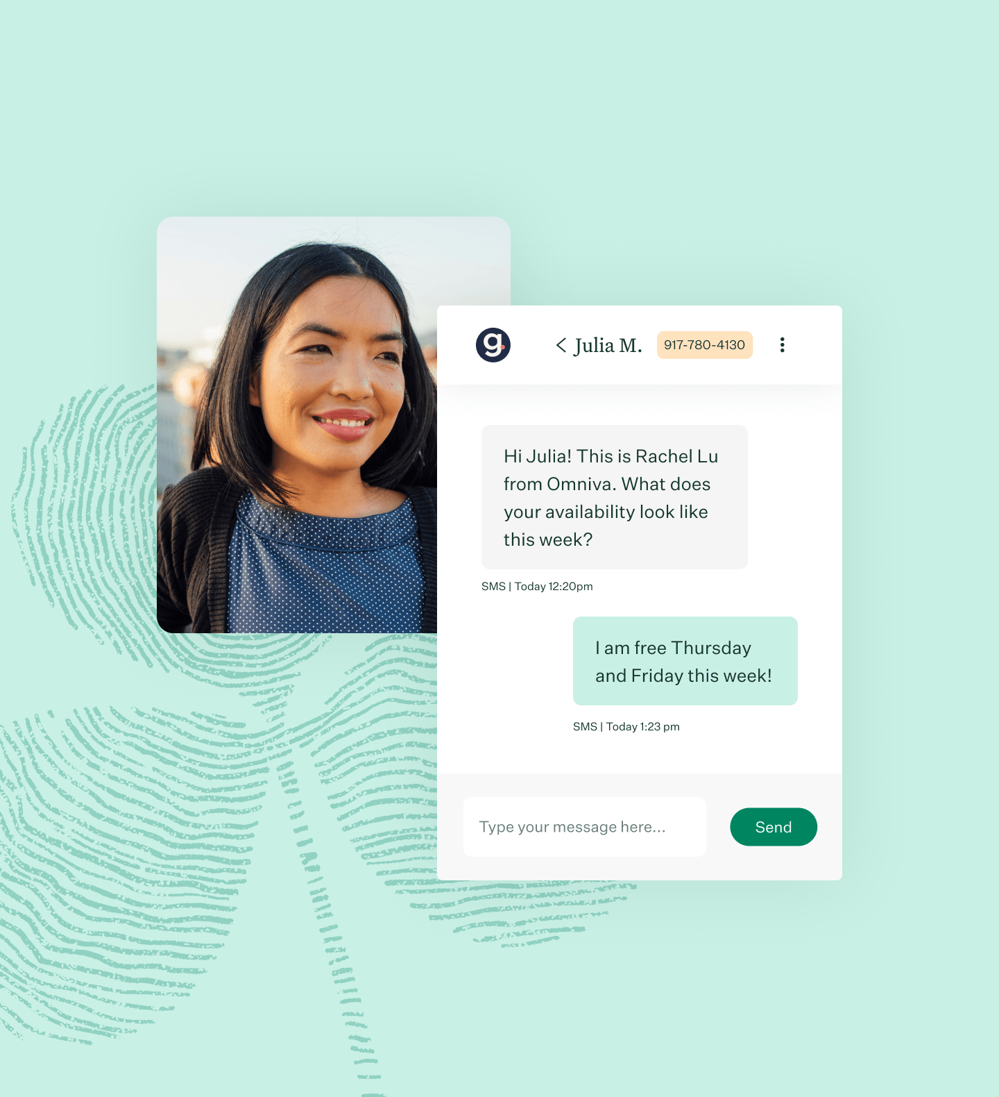 Greenhouse Texting powered by Grayscale UI woman smiling in bright lighting and green fingerprint leaf