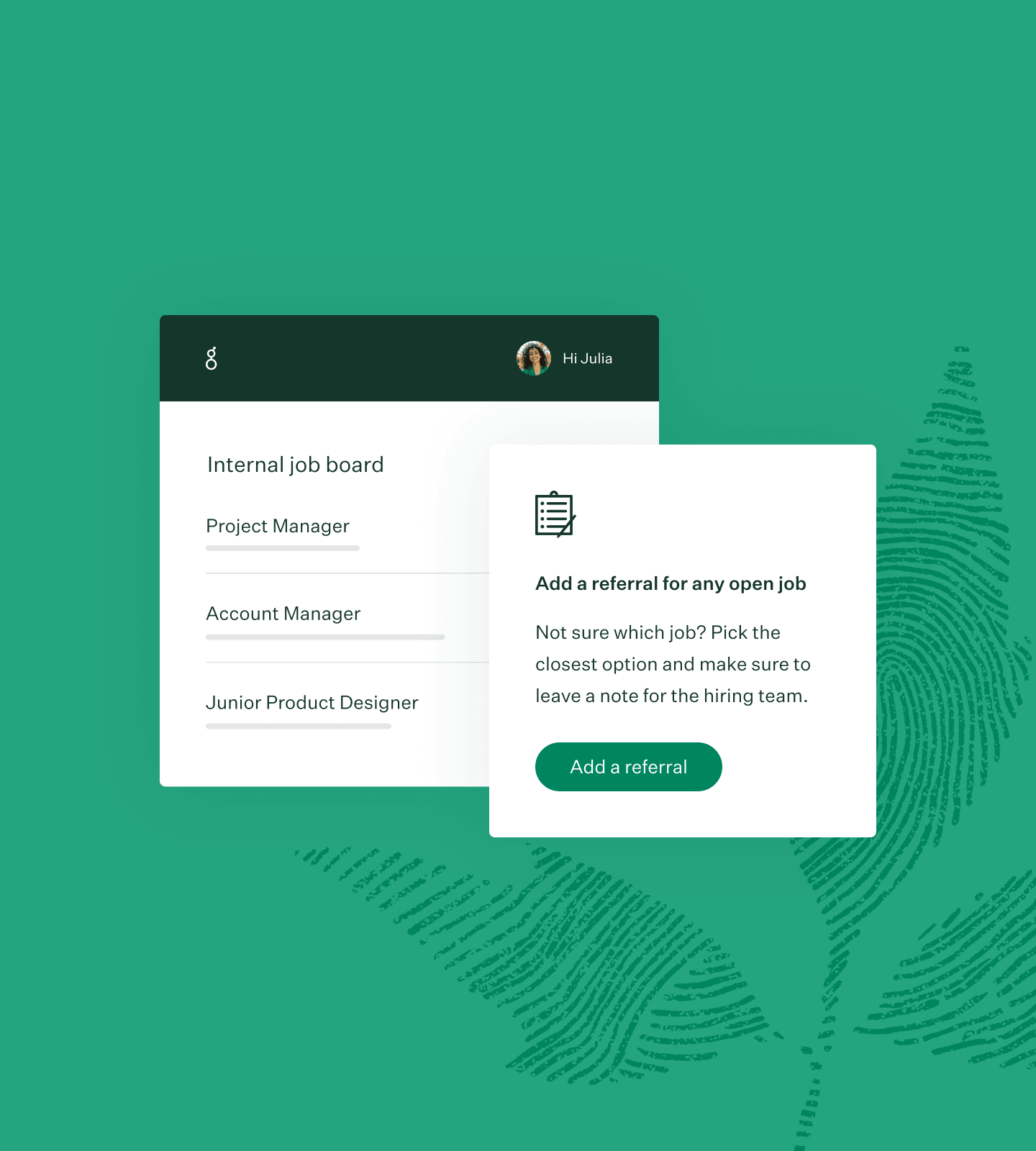 Internal job board and add a referral UI with green fingerprint collage