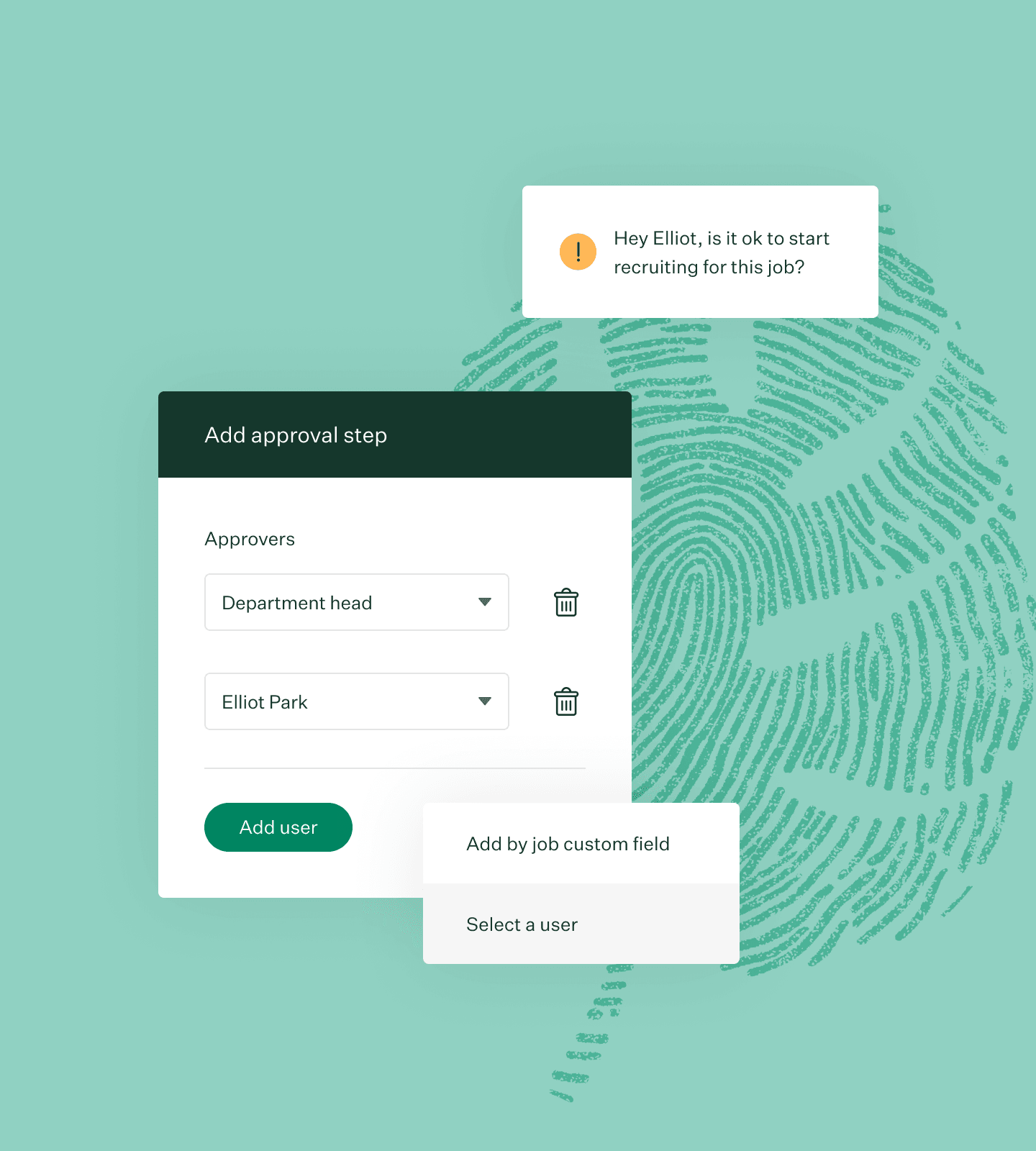 Job approvals ui with recruiting message green fingerprint leaf illustration
