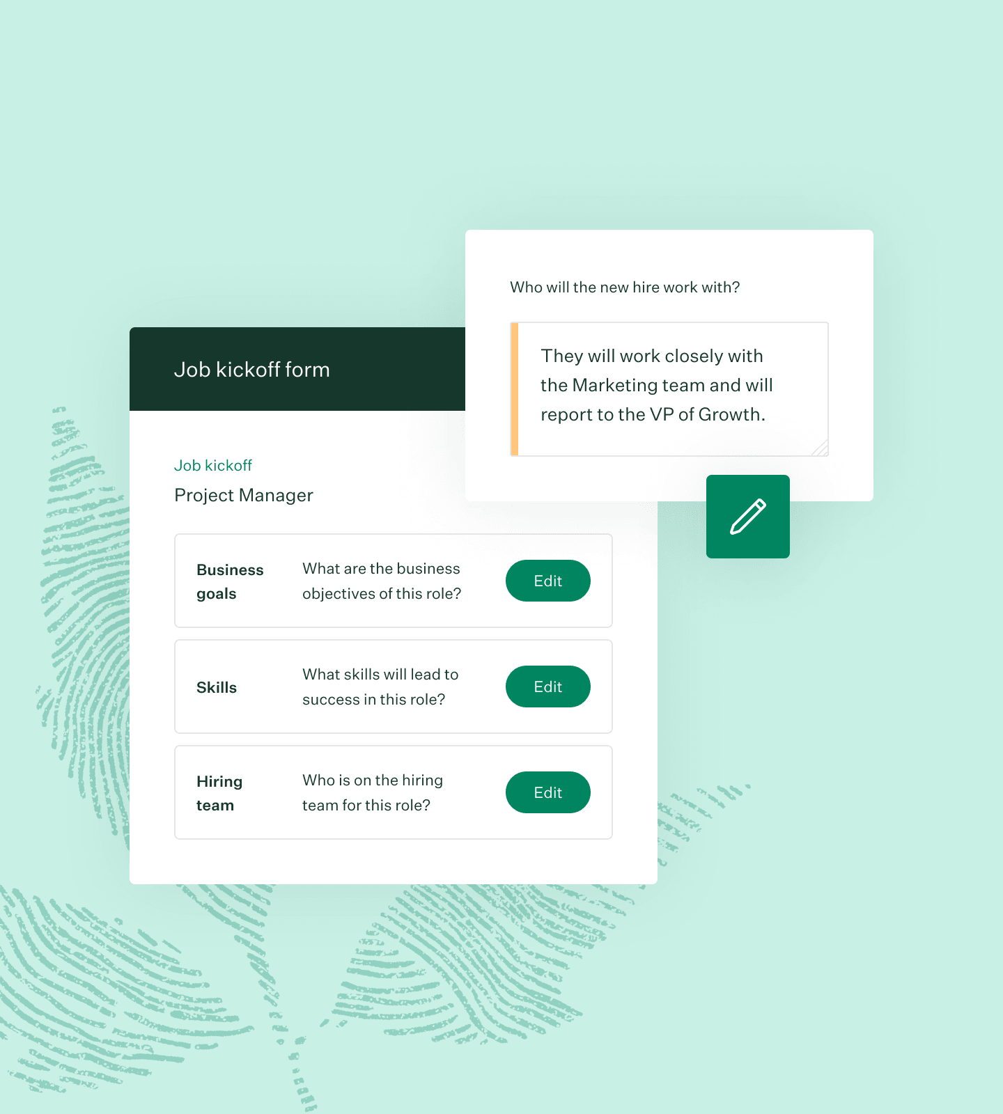 Job kickoff form UI green fingerprint leaf illustration new