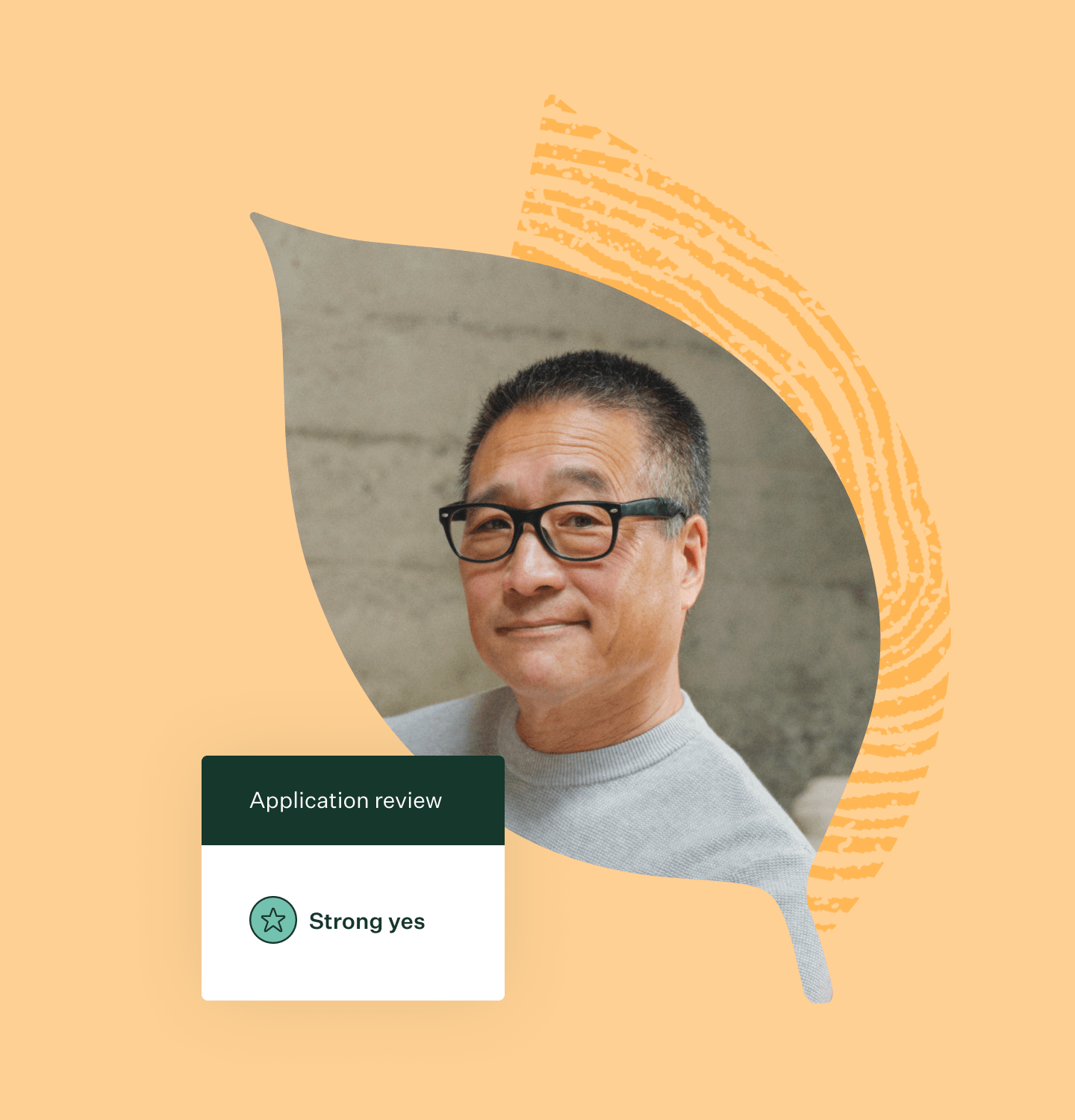 Man in grey sweater smiling with marigold silo leaf motif and Greenhouse scorecard UI element