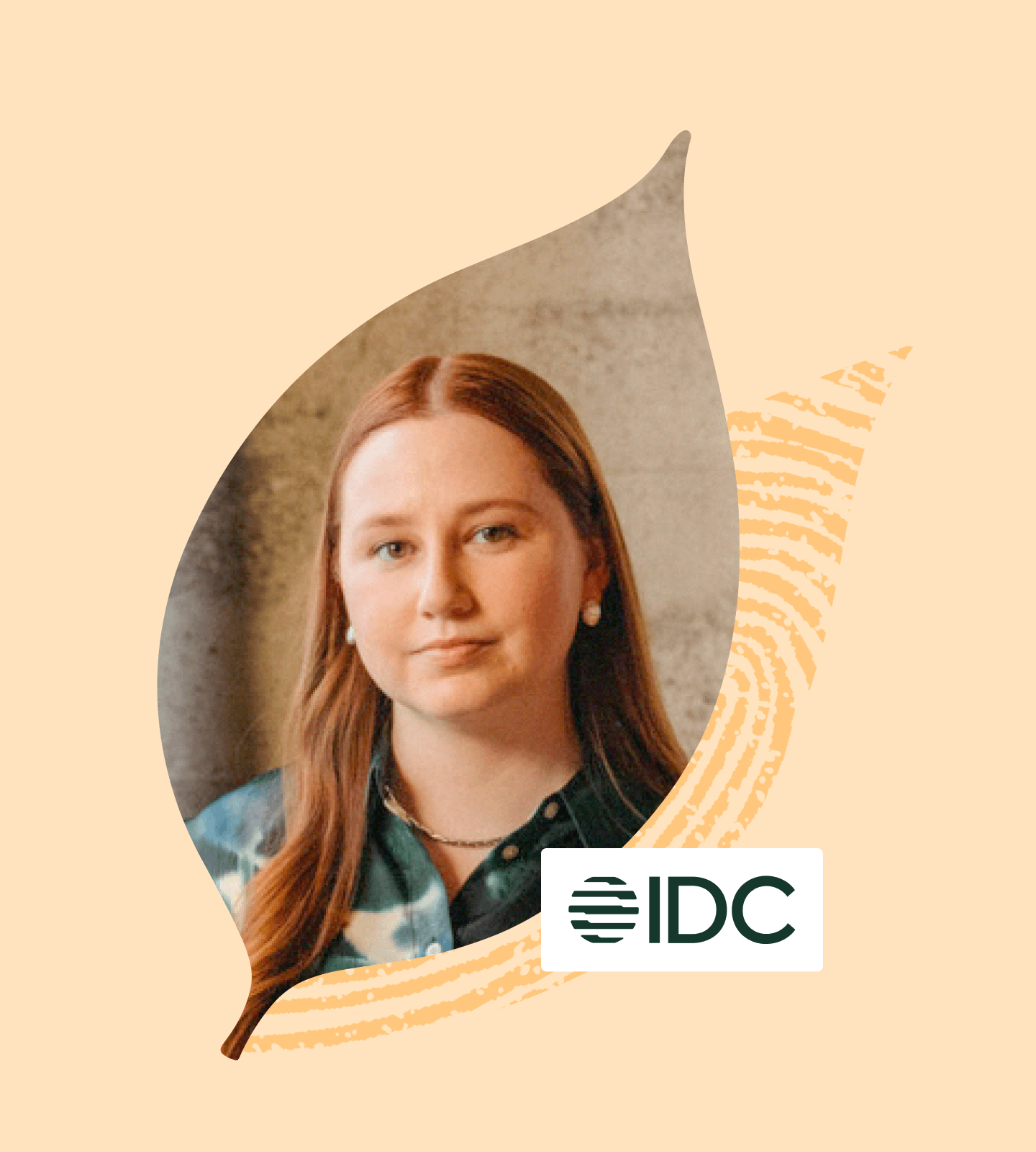 Portrait of woman in business attire and silo leaf motif with IDC logo